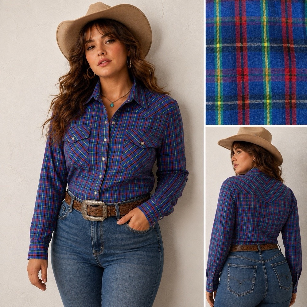 Vintage Women's Fitted Blue Red Western Shirt With Pearl Buttons Size Large